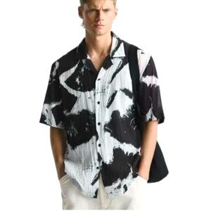 Zara Sheer Abstract Textured Crinkle Black & White Short Sleeve Shirt